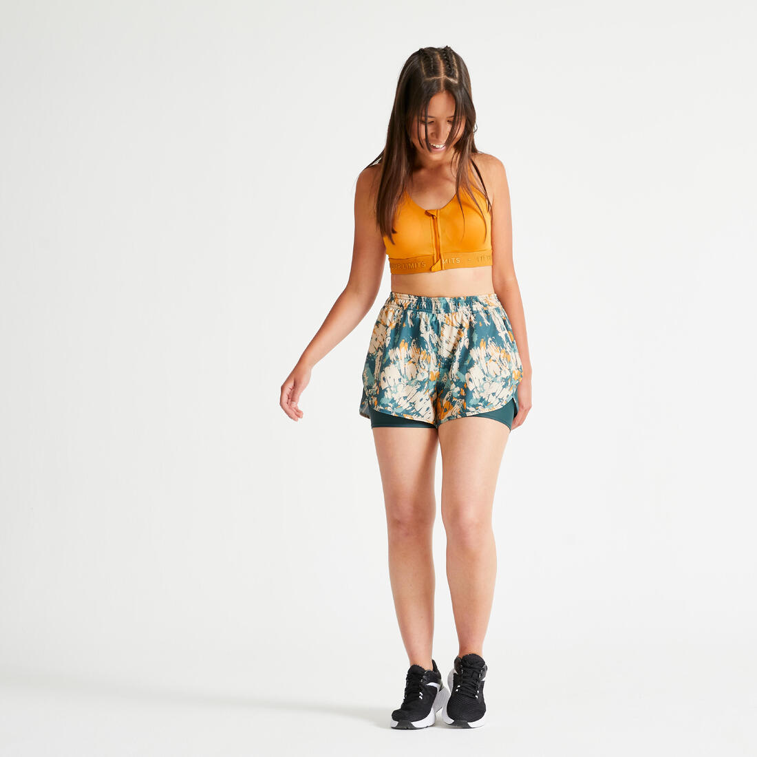 Short de fitness 2 en 1 antirrozaduras en muslos con estampado verde 520