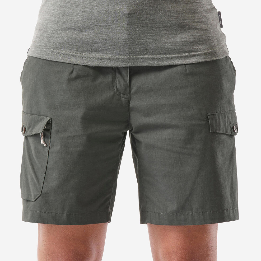 Short cargo de algodón trekking y viaje - TRAVEL100 - Verde oscuro - Mujer