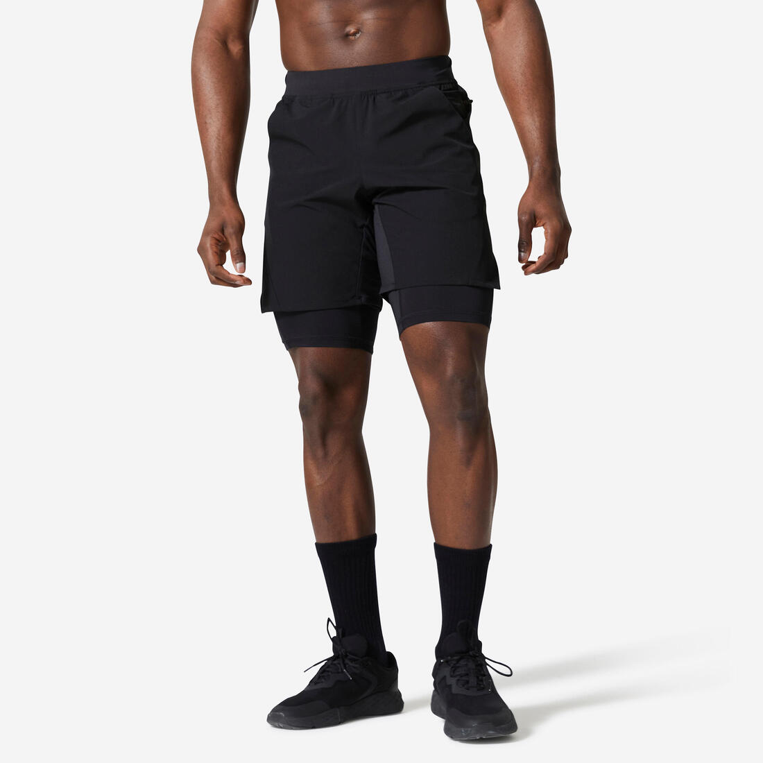 Short de fitness 2 en 1 transpirable con cierre negro para hombre Collection 500
